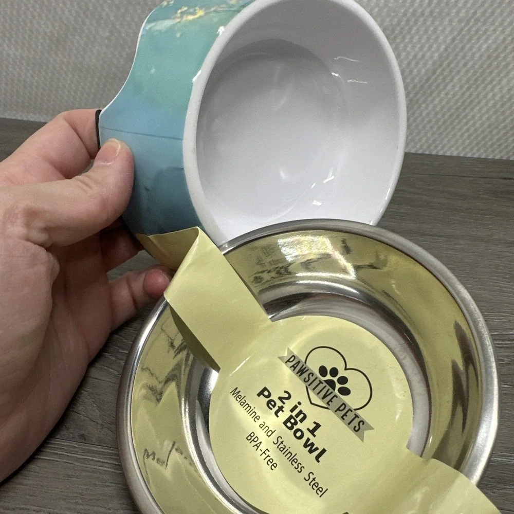 PAWSITIVE PETS 2 in 1 Pet Bowl Melamine Stainless Steel BPA Free Marble Design